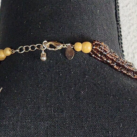 Express Wood Poly Brown Root Beer Tan Pearlescent White Bead 17" Choker Necklace - Picture 14 of 16